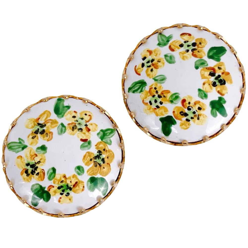 Vintage Mid Century Hand Painted Yellow Floral Clip On Earrings Domed Round - Picture 1 of 9